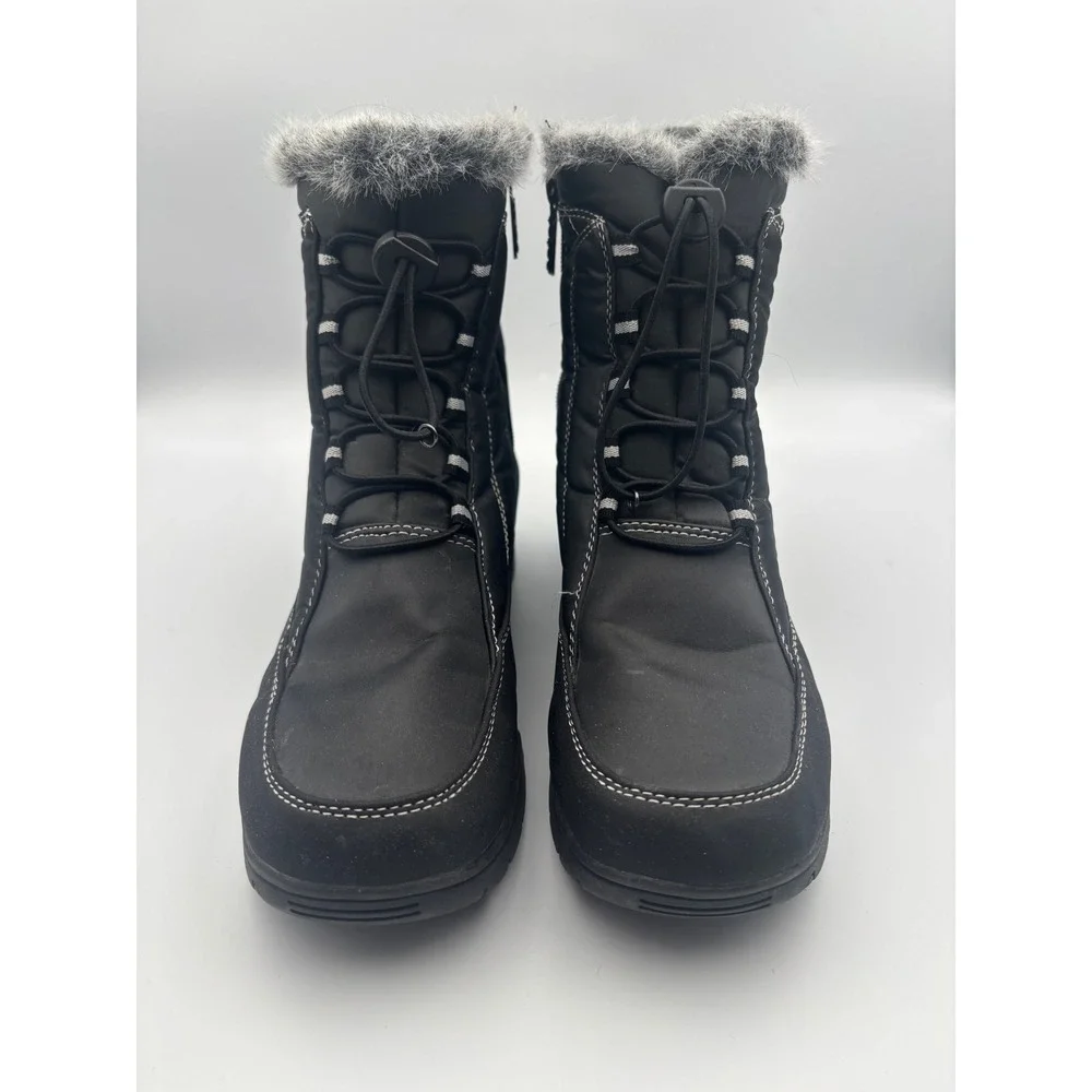 Totes Womens Black Winter Boots Faux Fur Trim Bungee Lace Side Zip Size 8W